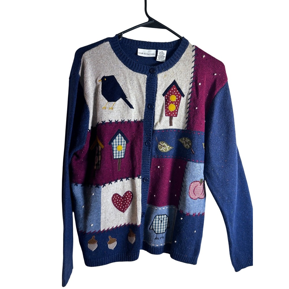 Croft & Barrow Cardigan Sweater M Blue Patchwork Bird Nature Women